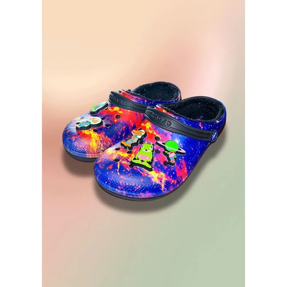 Crocs Classic Lined Galaxy Space Alien Clogs Kids J5 Blue Purple Black w Jibbitz